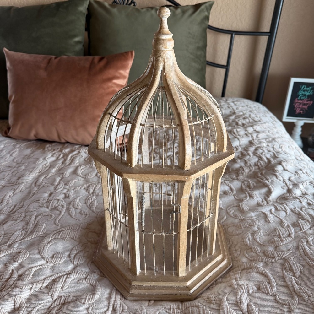 Vintage Hexagonal Wood Wire Decorative Birdcage Distressed White Garden 19in